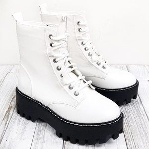 New White Lace Up Lug Sole Platform Combat Boots